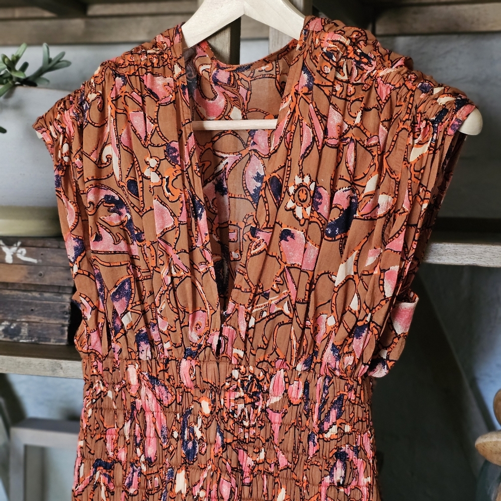 A.L.C. Lucia Corset Waist Cotton Floral Midi Dress Size 0 Bronze Navy Coral - Picture 6 of 14